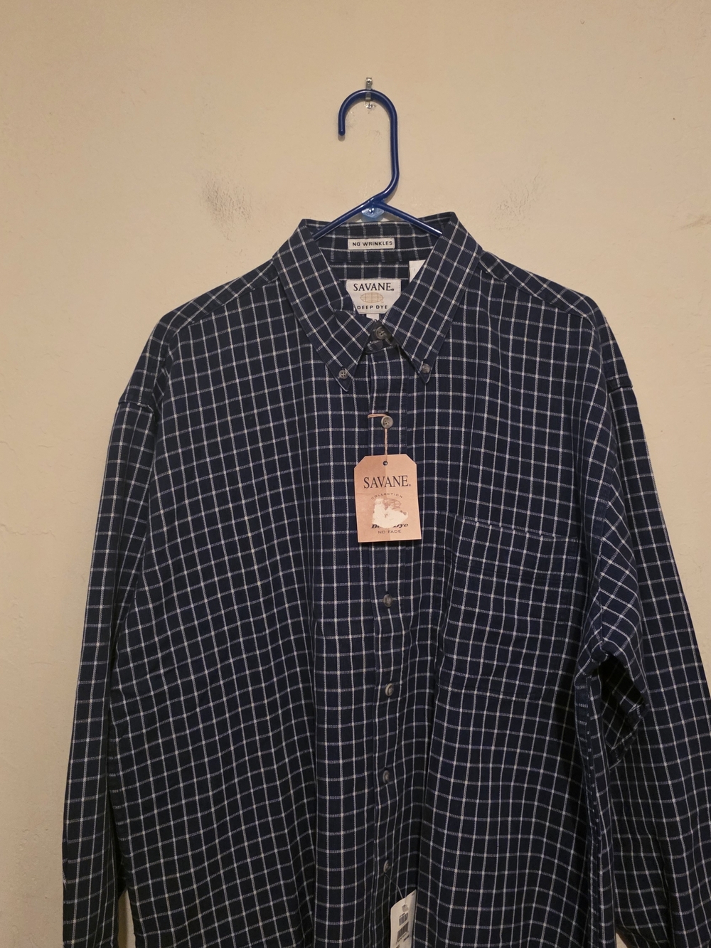 Savane Deep Dye No Wrinkles Indigo Check Men's Button Down Shirt Size L - Picture 9 of 9